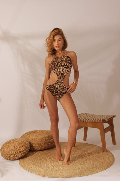 Maiô Recorte Lateral Animal Print Marrom